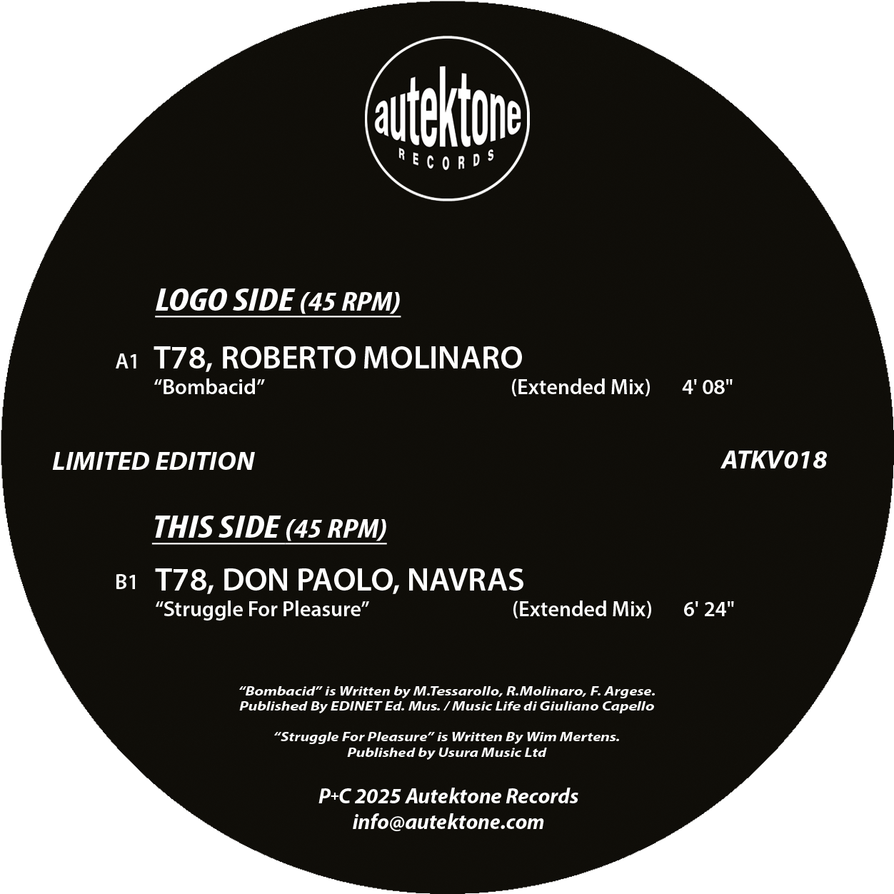 12" Exclusive Vinyl - T78, Roberto Molinaro "Bombacid" / T78, Don Paolo, Navras "Struggle For Pleasure"