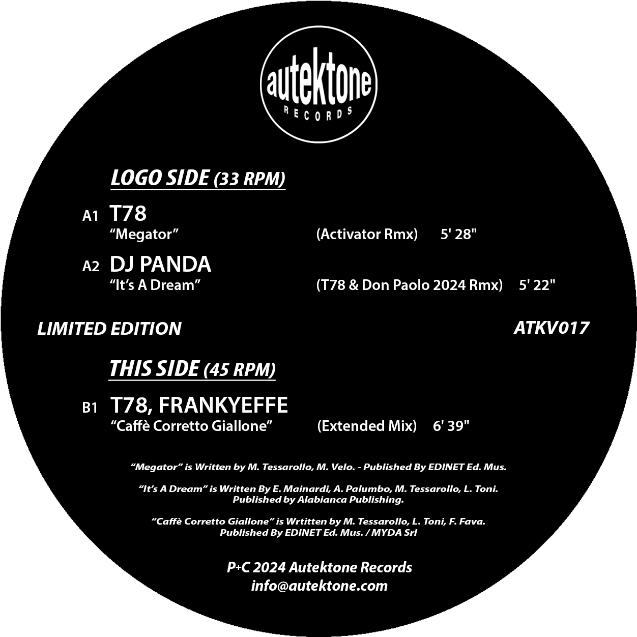 12" Exclusive Vinyl - T78 "Megator" (Activator Rmx) / Dj Panda "It's A Dream" (T78 & Don Paolo 2024 Rmx) / T78, Frankyeffe "Caffè Corretto Giallone"